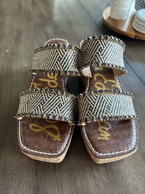 Sam Edelman Tan and Navy Double-Strap Sandals